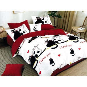 Lenjerie pat dublu, Ralex Pucioasa,  Finet, 6 piese, Alb-Rosu, pisici, inimioare