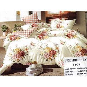 Lenjerie pat dublu, Ralex Pucioasa,  Finet, 6 piese, Crem, flori