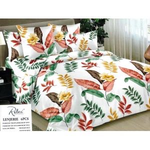 Lenjerie pat dublu, Ralex Pucioasa, Bumbac Finet, 6 piese, Alb, frunze, flori