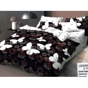 Lenjerie pat dublu, Ralex Pucioasa,  Finet, 6 piese, Negru-Alb, fluturi