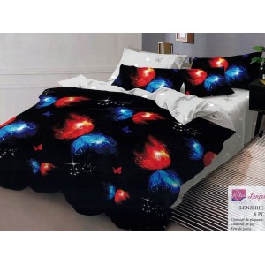 Lenjerie pat dublu, Ralex Pucioasa,  Finet, 6 piese, Bleumarin-Gri, fluturi