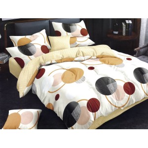 Lenjerie pat dublu, Ralex Pucioasa, Bumbac Finet, 6 piese, Alb-Crem, cercuri, buline