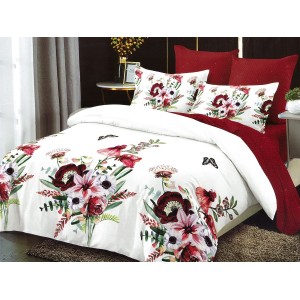 Lenjerie pat dublu, Ralex Pucioasa, Bumbac Finet, 6 piese, Alb-Rosu, flori, fluturi