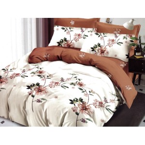 Lenjerie pat dublu, Ralex Pucioasa,  Finet, 6 piese, Bej-Maro, flori