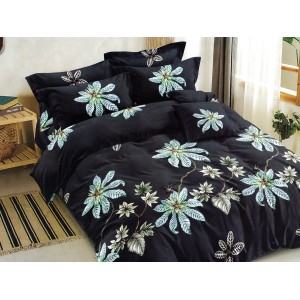 Lenjerie pat dublu, Ralex Pucioasa,  Finet, 6 piese, Negru, flori