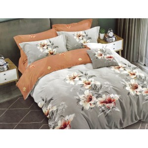 Lenjerie pat dublu, Ralex Pucioasa,  Finet, 6 piese, Gri-Maro, flori, crini