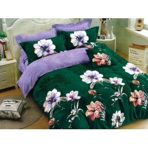 Lenjerie pat dublu, Ralex Pucioasa,  Finet, 6 piese, Verde-Mov, flori