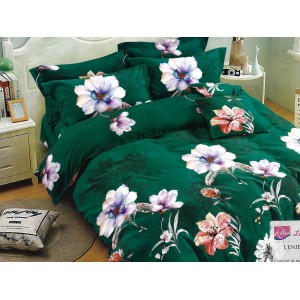 Lenjerie pat dublu, Ralex Pucioasa,  Finet, 6 piese, Verde, flori