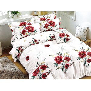 Lenjerie pat dublu, Ralex Pucioasa, Bumbac Finet, 6 piese, Alb-Rosu, flori