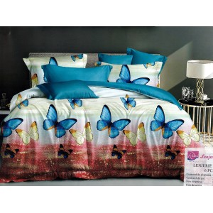 Lenjerie pat dublu, Ralex Pucioasa,  Finet, 6 piese, Bleu-Rosu, fluturi
