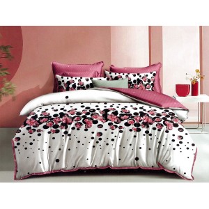 Lenjerie pat dublu, Ralex Pucioasa,  Finet, 6 piese, Alb-Roz, flori, buline