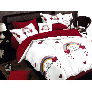 Lenjerie pat dublu, Ralex Pucioasa, Bumbac Finet, 6 piese, Alb-Rosu, curcubeu, inimioare, stelute