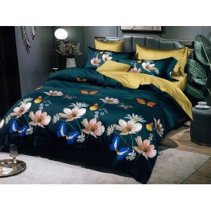 Lenjerie pat dublu, Ralex Pucioasa,  Finet, 6 piese, Verde-Galben, flori, fluturi