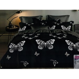 Lenjerie pat dublu, Ralex Pucioasa,  Finet, 6 piese, Negru-Alb, fluturi