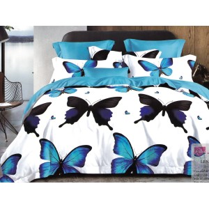 Lenjerie pat dublu, Ralex Pucioasa, Bumbac Finet, 6 piese, Alb-Albastru, fluturi