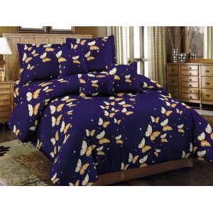 Lenjerie pat dublu, Ralex Pucioasa,  Finet, 6 piese, Bleumarin, fluturi