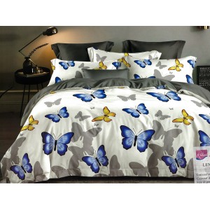 Lenjerie pat dublu, Ralex Pucioasa, Bumbac Finet, 6 piese, Alb-Gri, fluturi