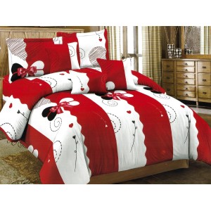 Lenjerie pat dublu, Ralex Pucioasa, Bumbac Finet, 6 piese, Alb-Rosu, dungi, inimioare, fundite