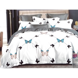 Lenjerie pat dublu, Ralex Pucioasa, Bumbac Finet, 6 piese, Alb-Gri, fluturi, puncte