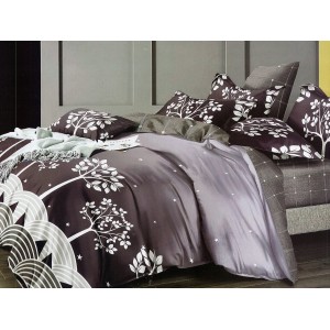 Lenjerie pat dublu, Ralex Pucioasa,  Finet, 6 piese, Gri-Maro, copaci