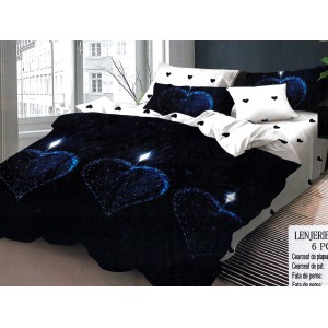 Lenjerie pat dublu, Ralex Pucioasa,  Finet, 6 piese, Bleumarin-Alb, inimioare