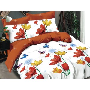 Lenjerie pat dublu, Ralex Pucioasa, Bumbac Finet, 6 piese, Alb-Caramiziu, flori, fluturi