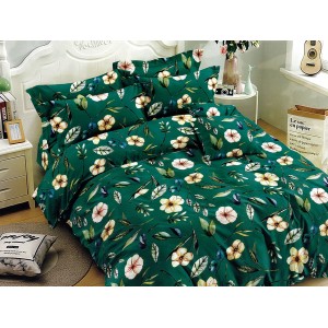 Lenjerie pat dublu, Ralex Pucioasa,  Finet, 6 piese, Verde, flori