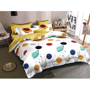 Lenjerie pat dublu, Ralex Pucioasa,  Finet, 6 piese, cu elastic, Alb, planete