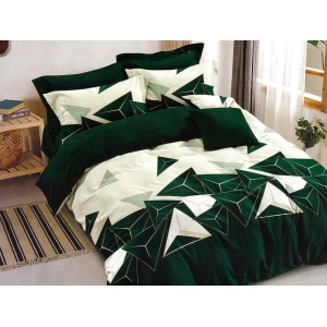 Lenjerie pat dublu, Ralex Pucioasa,  Finet, 6 piese, cu elastic, Verde, forme geometrice