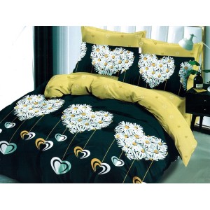 Lenjerie pat dublu, Ralex Pucioasa,  Finet, 6 piese, cu elastic, Verde, flori, inimioare