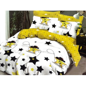 Lenjerie pat dublu, Ralex Pucioasa,  Finet, 6 piese, cu elastic, Alb-Galben, stelute