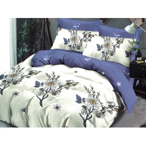 Lenjerie pat dublu, Ralex Pucioasa,  Finet, 6 piese, cu elastic, Alb-Bleu, flori