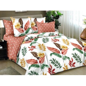 Lenjerie pat dublu, Ralex Pucioasa,  Finet, 6 piese, cu elastic, Alb-Roz, flori, frunze