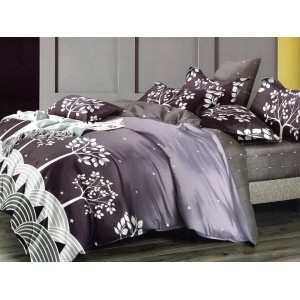 Lenjerie pat dublu, Ralex Pucioasa,  Finet, 6 piese, cu elastic, Gri-Lila, copaci