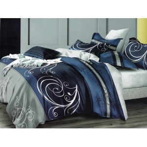 Lenjerie pat dublu, Ralex Pucioasa,  Finet, 6 piese, cu elastic, Gri-Albastru, model clasic