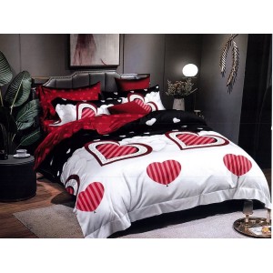 Lenjerie pat dublu, Ralex Pucioasa,  Finet, 6 piese, cu elastic, Alb-Rosu, inimioare