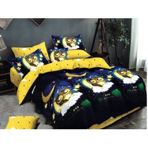 Lenjerie pat dublu, Ralex Pucioasa,  Finet, 6 piese, cu elastic, Albastru-Galben, bufnite