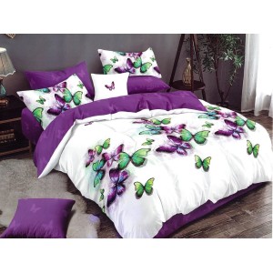 Lenjerie pat dublu, Ralex Pucioasa,  Finet, 6 piese, cu elastic, Alb-Mov, fluturi