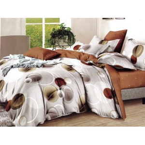 Lenjerie pat dublu, Ralex Pucioasa,  Finet, 6 piese, cu elastic, Bej-Maro, cercuri, buline