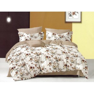 Lenjerie pat dublu, Ralex Pucioasa,  Finet, 6 piese, cu elastic, Alb-Bej, flori