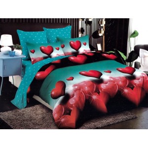 Lenjerie pat dublu, Ralex Pucioasa,  Finet, 6 piese, cu elastic, Verde-Rosu, inimioare