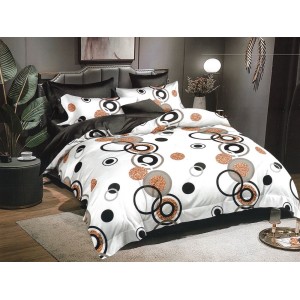 Lenjerie pat dublu, Ralex Pucioasa,  Finet, 6 piese, cu elastic, Alb-Gri, cercuri, buline