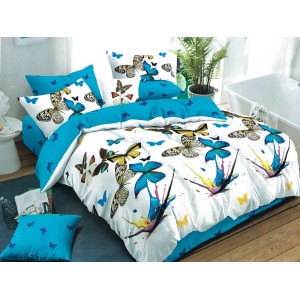 Lenjerie pat dublu, Ralex Pucioasa,  Finet, 6 piese, cu elastic, Alb-Bleu, buline