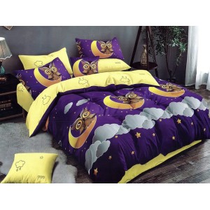Lenjerie pat dublu, Ralex Pucioasa,  Finet, 6 piese, cu elastic, Mov-Galben, bufnite