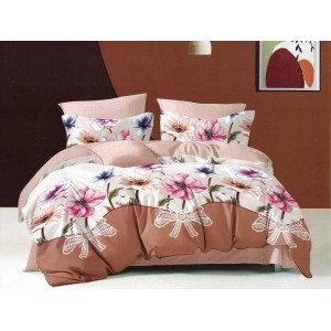 Lenjerie pat dublu, Ralex Pucioasa,  Finet, 6 piese, cu elastic, Bej-Maro, flori, fundite