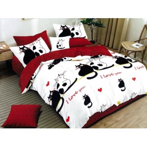 Lenjerie pat dublu, Ralex Pucioasa,  Finet, 6 piese, cu elastic, Alb-Rosu, pisici