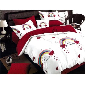 Lenjerie pat dublu, Ralex Pucioasa,  Finet, 6 piese, cu elastic, Alb-Rosu, curcubee, inimioare, stelute