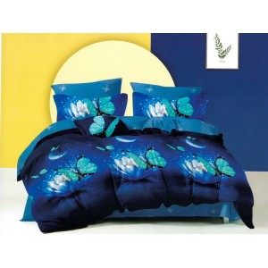 Lenjerie pat dublu, Ralex Pucioasa,  Finet, 6 piese, cu elastic, Albastru, fluturi