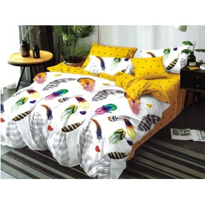 Lenjerie pat dublu, Ralex Pucioasa,  Finet, 6 piese, cu elastic, Alb-Galben, pene