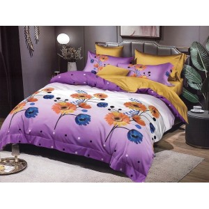 Lenjerie pat dublu, Ralex Pucioasa,  Finet, 6 piese, cu elastic, Mov, flori